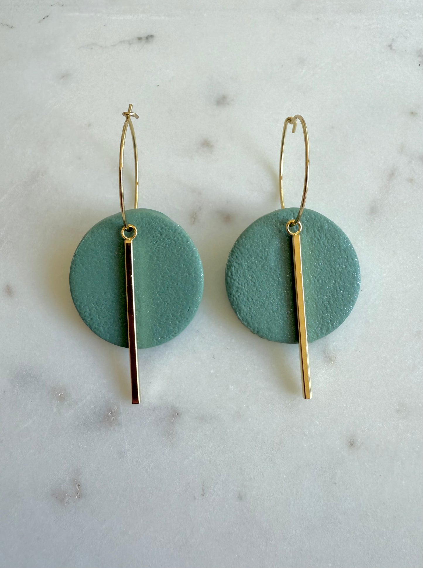Green Clay Circle with Gold Bar Hoops