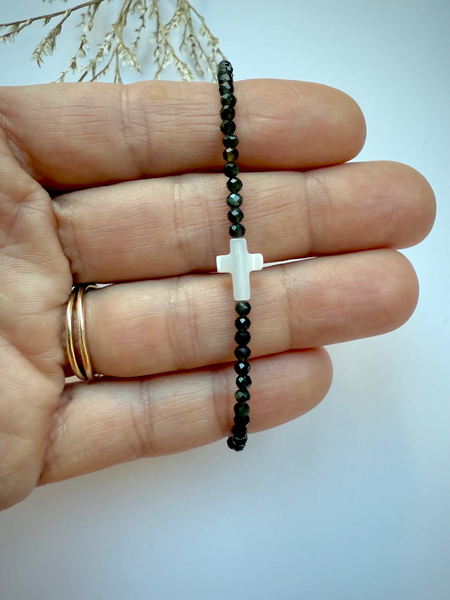 Black Obsidian and Mother Of Pearl Cross Bracelet