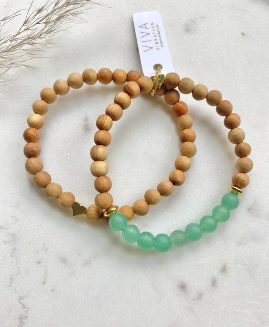 Green Aventurine, Cedar Wood, and Heart Bracelet Stack