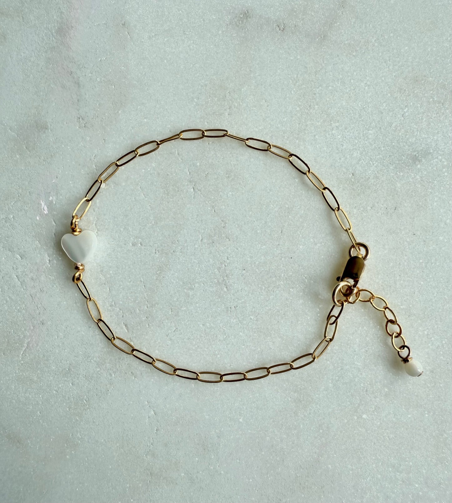 Dainty Mother of Pearl Heart and Paperclip Gold Filled Bracelet