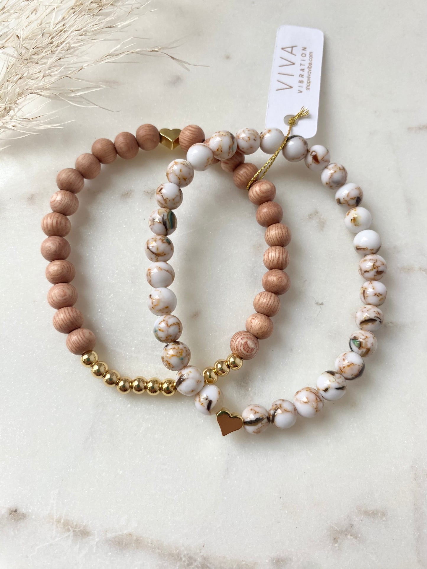 Rose Wood, Howlite/Shell, and Heart Bracelet Stack