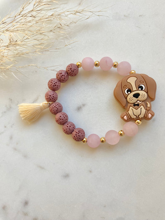 Brown Puppy, Rose Quartz, and Lava