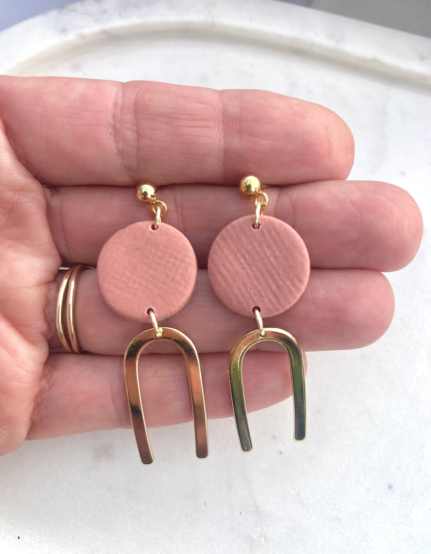 Pink Clay and Gold Arch Earrings