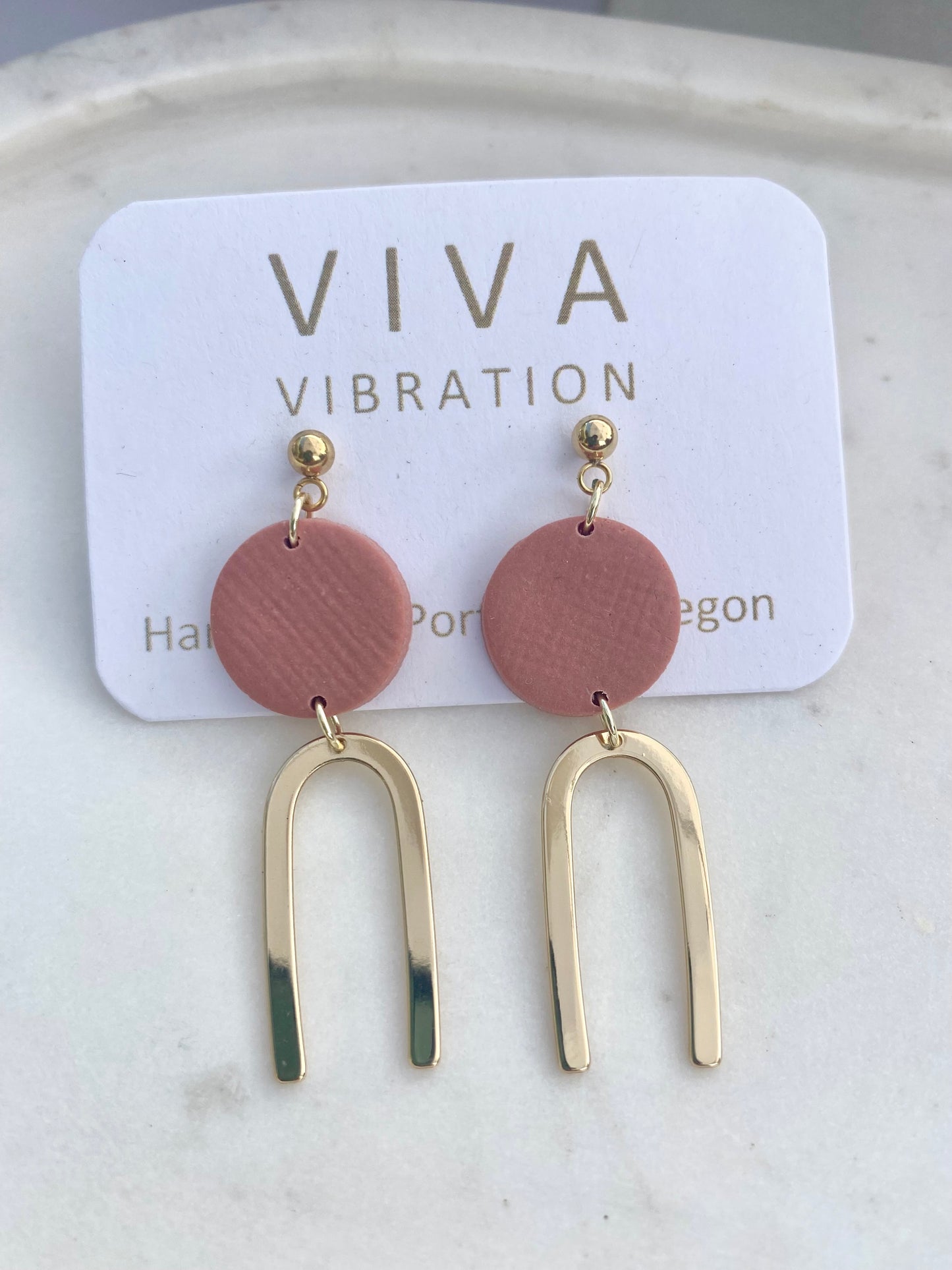 Pink Clay and Gold Arch Earrings