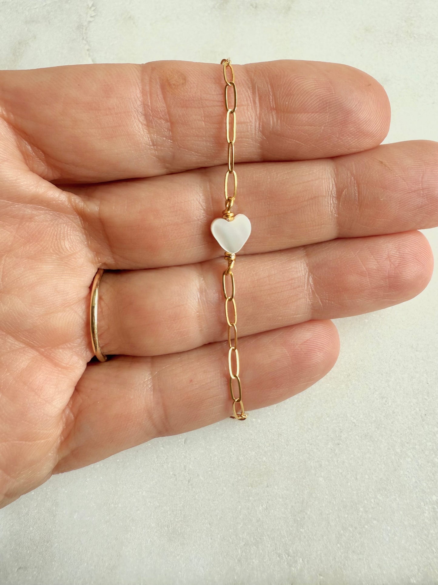 Dainty Mother of Pearl Heart and Paperclip Gold Filled Bracelet