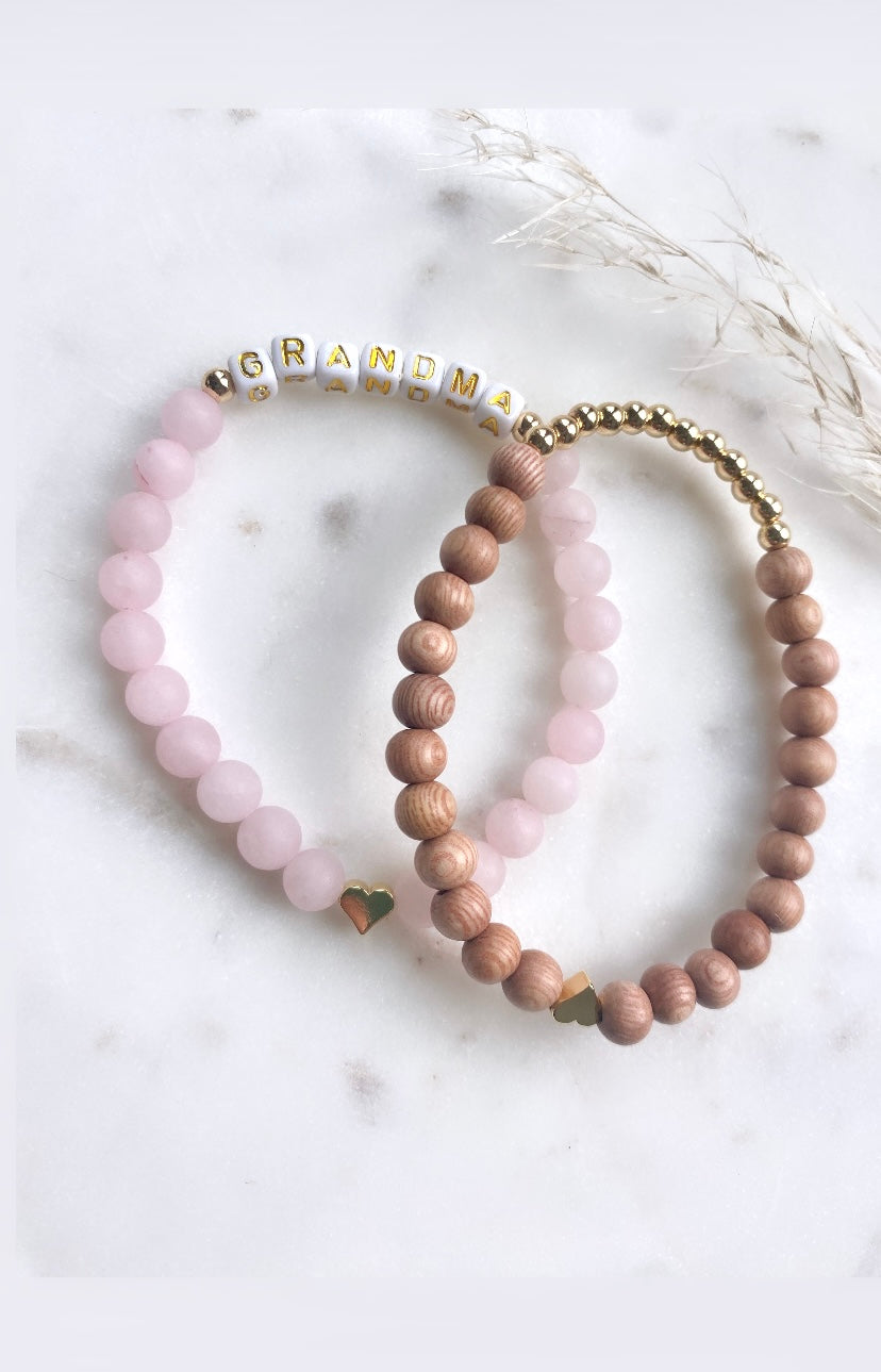 Personalized Rose Quartz and Rosewood Bracelet Stack