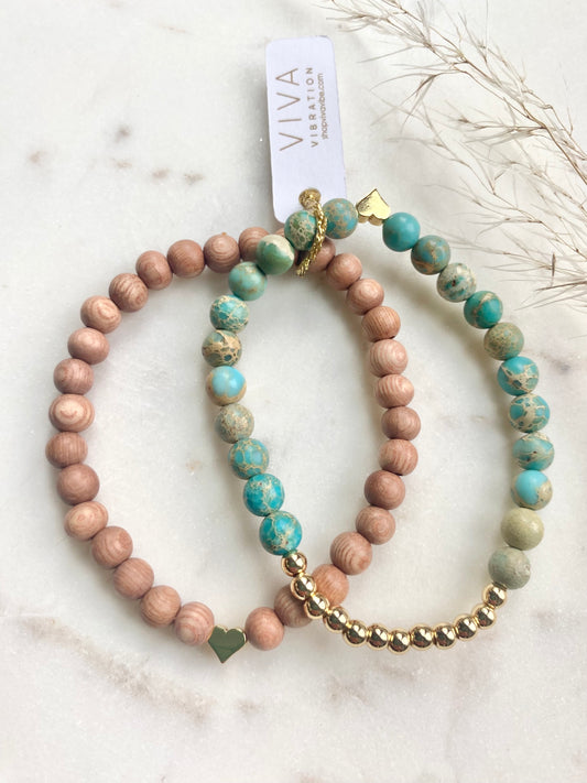 Turquoise Jasper, Sandalwood, and Heart Bracelet Stack