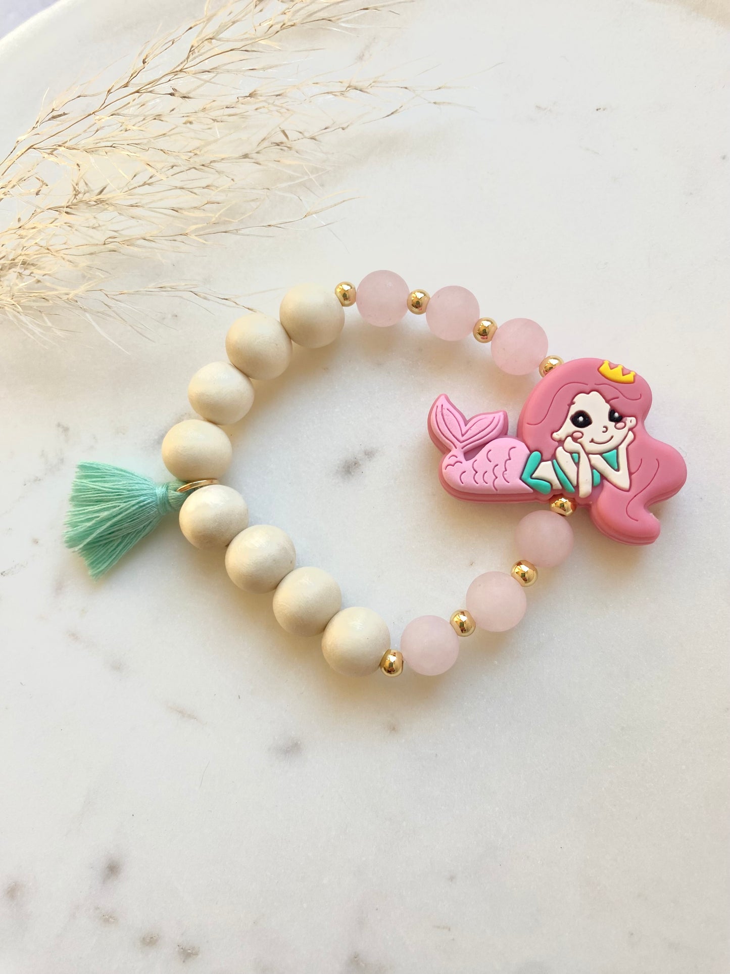 Pink Mermaid, Jade, and Wood