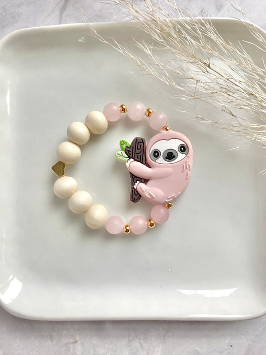 Sloth Bracelet, Rose Quartz, and Wood