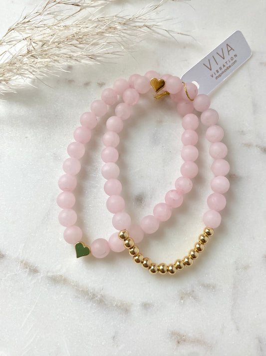 Rose Quartz, Heart, an Gold Bracelet Stack