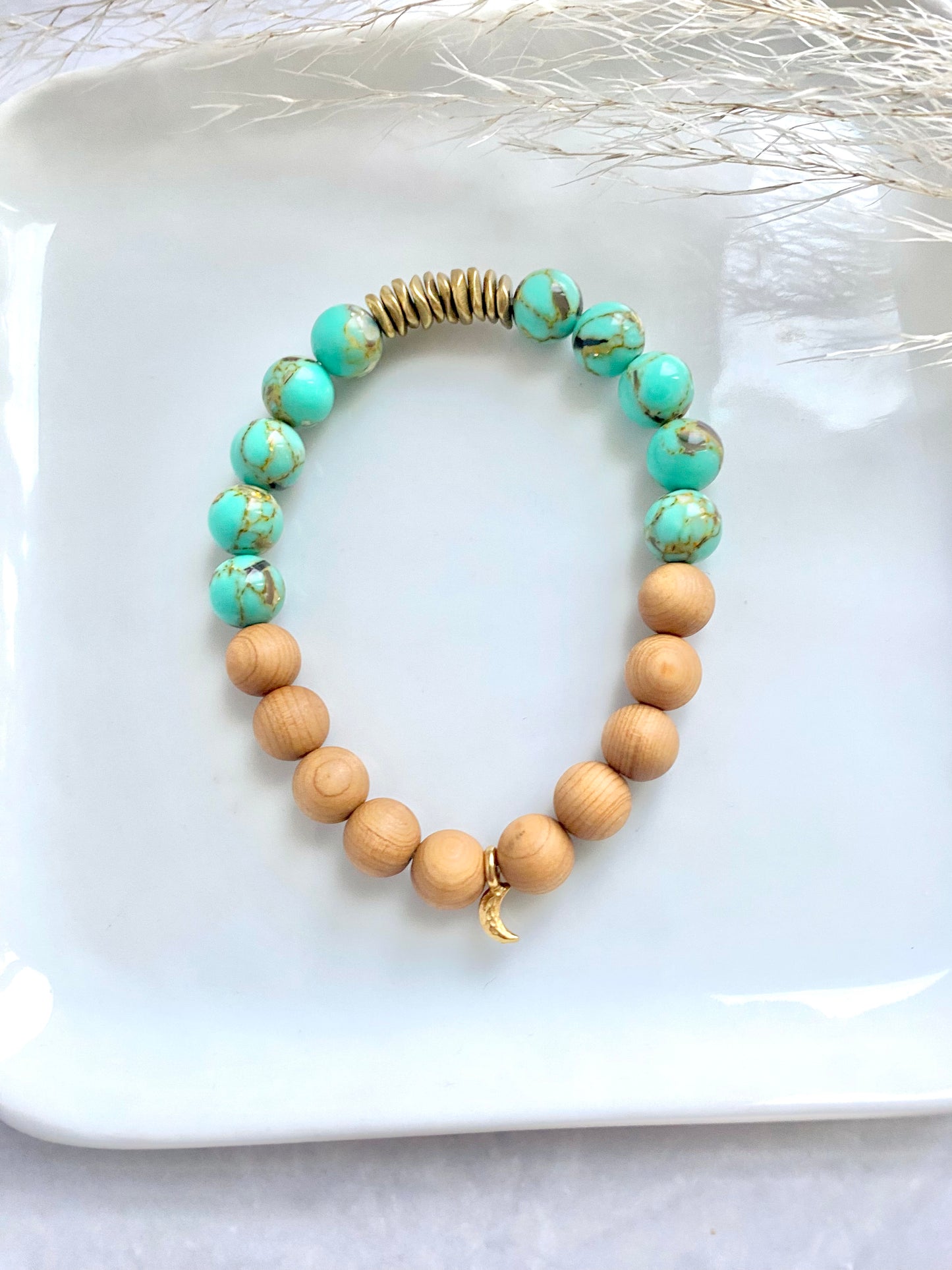 Shell Turquoise Howlite, Brass, Wood, and Crescent Moon