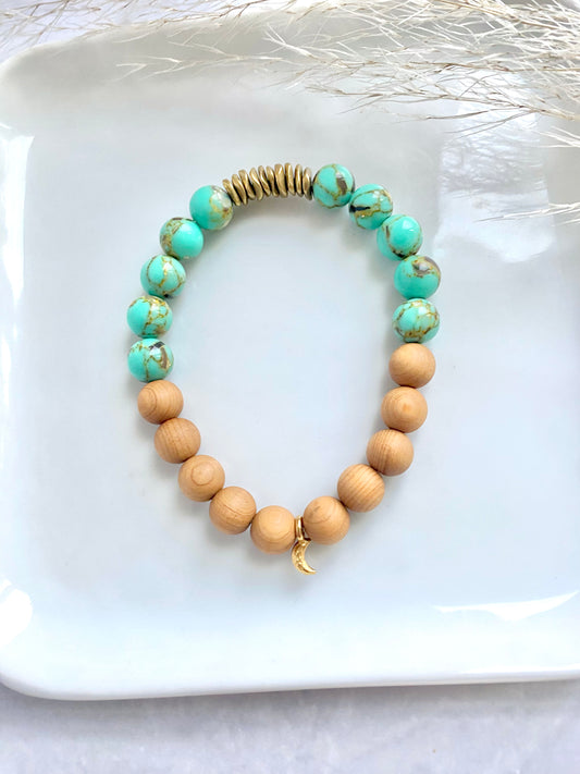 Shell Turquoise Howlite, Brass, Wood, and Crescent Moon