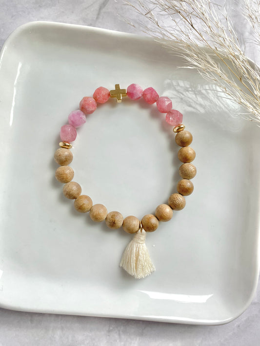 Pink Jade, Wood, and Cross