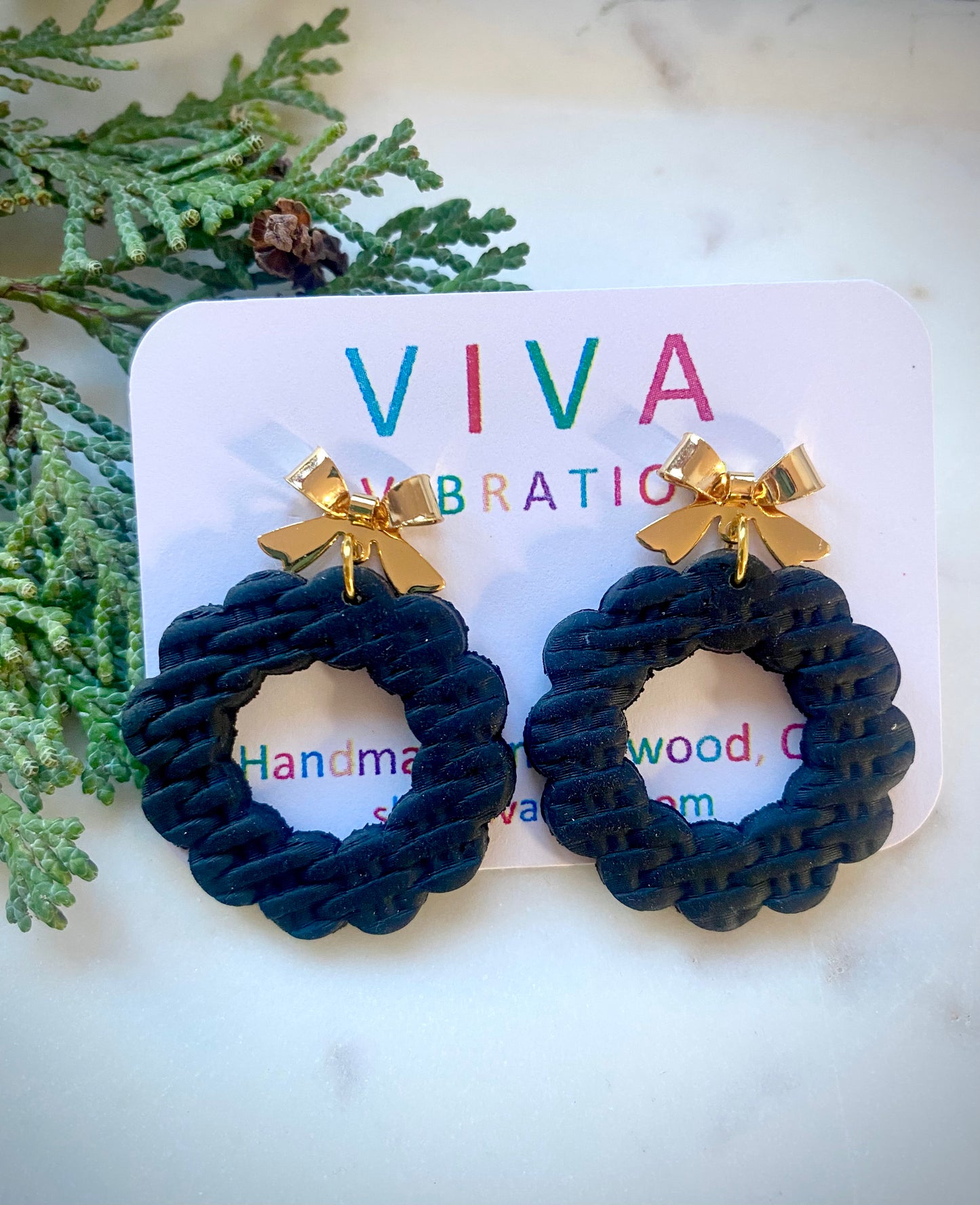 Black Holiday Wreath Earrings