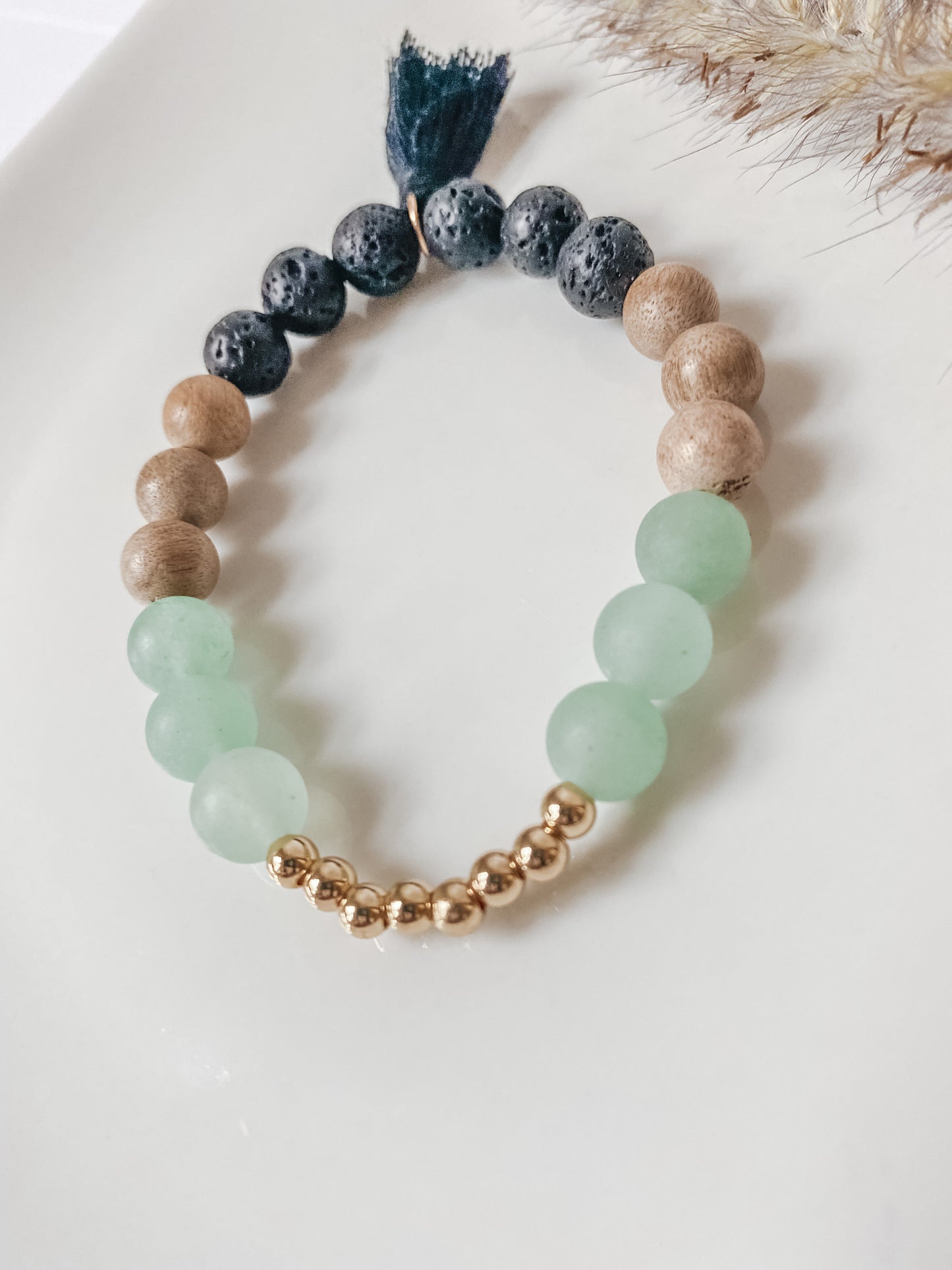 Aventurine, Black Lave, Wood and Gold Bracelet