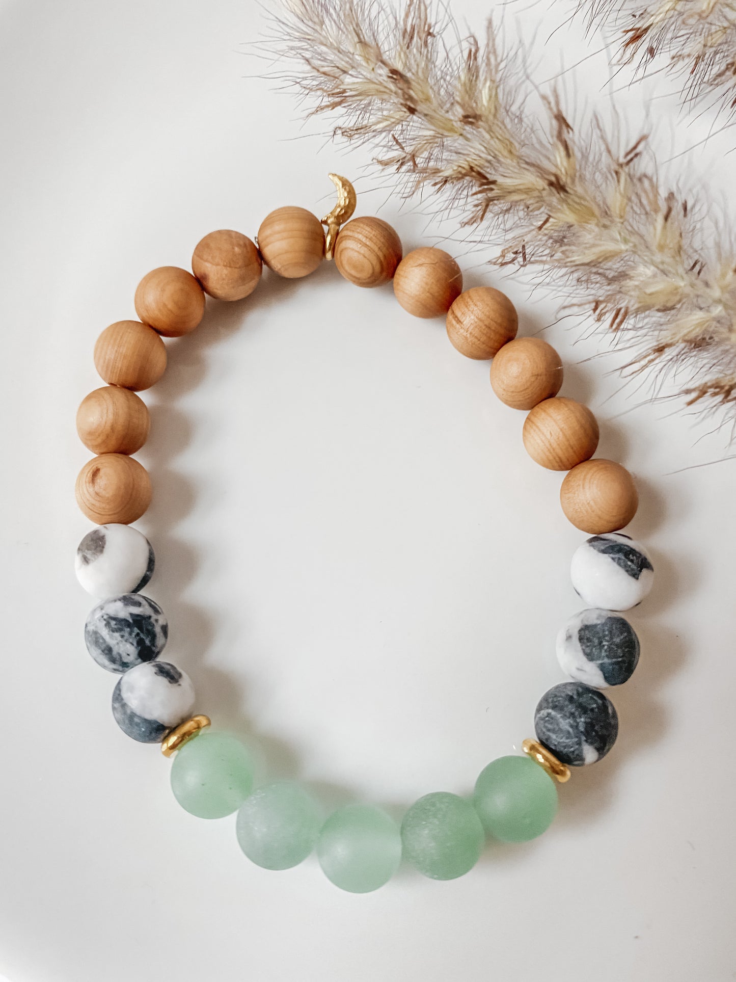 Aventurine, Zebra Jasper, Wood, and Crescent Moon