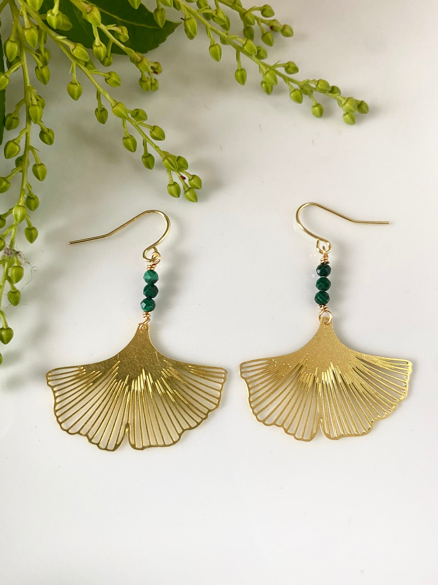 Ginkgo Leaf with Malachite Earring