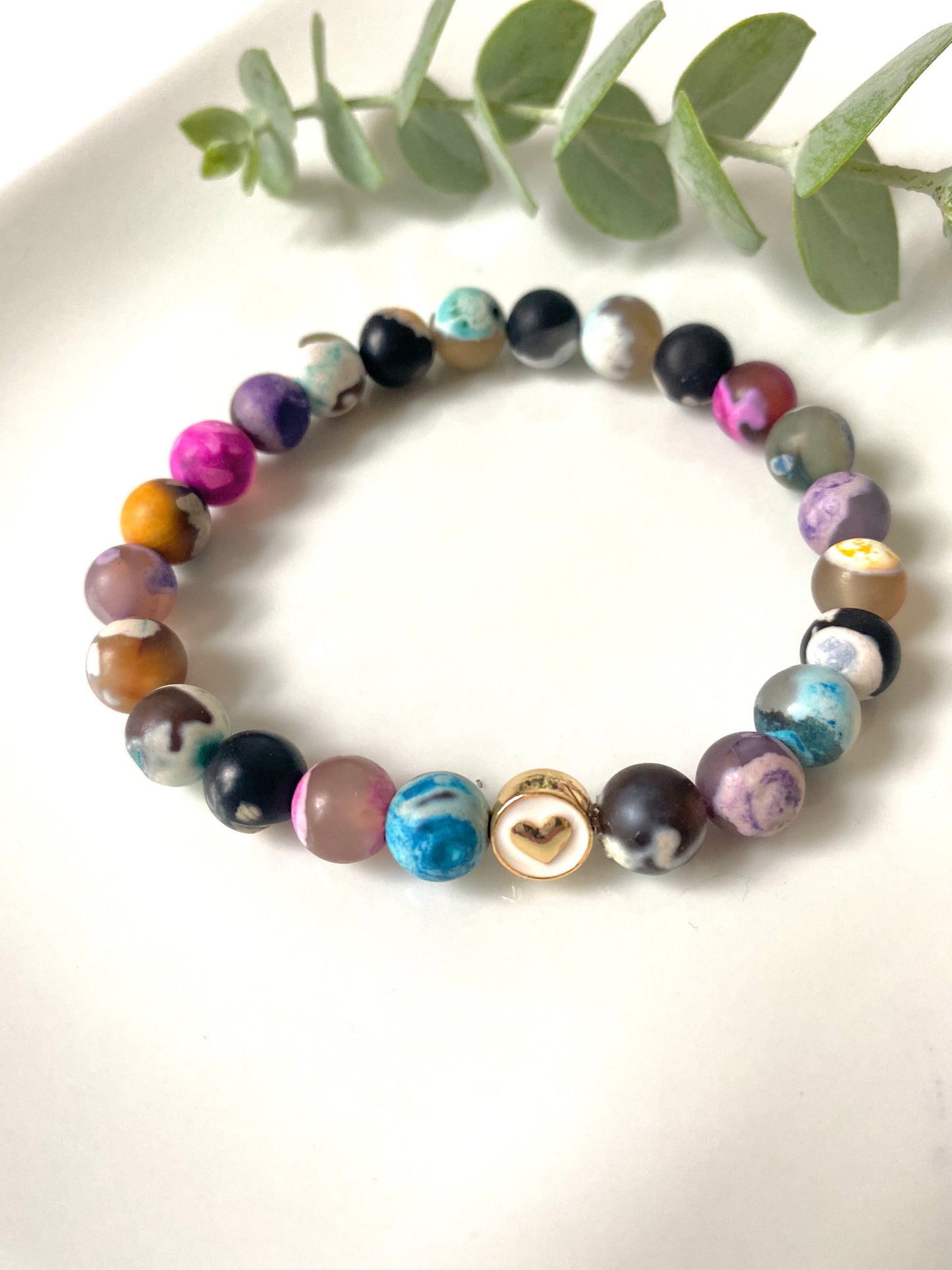 Rose Black Agate and Heart Bracelet